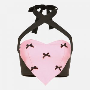 Sexy Bow Decor Love Heart Colorblock Halter Tank Top - Modakawa Modakawa