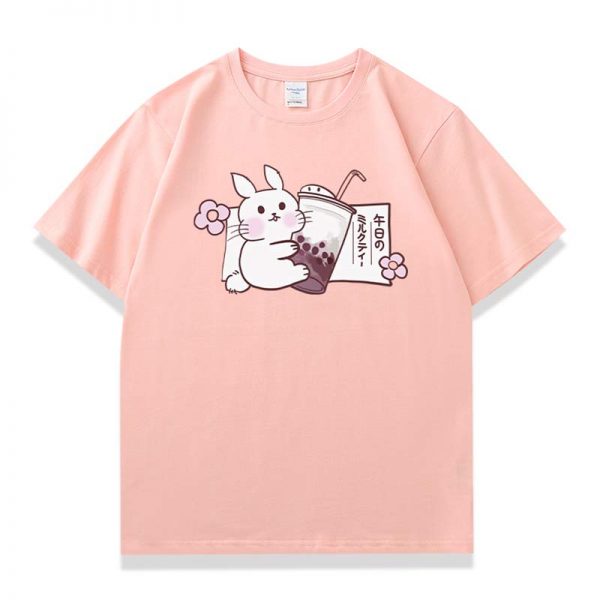 Cartoon Bunny Milk Tea Print Casual T-Shirt - Modakawa modakawa