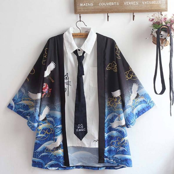 Crane Print Japanese Belted Kimono Outerwear Sun Protective - Modakawa Modakawa