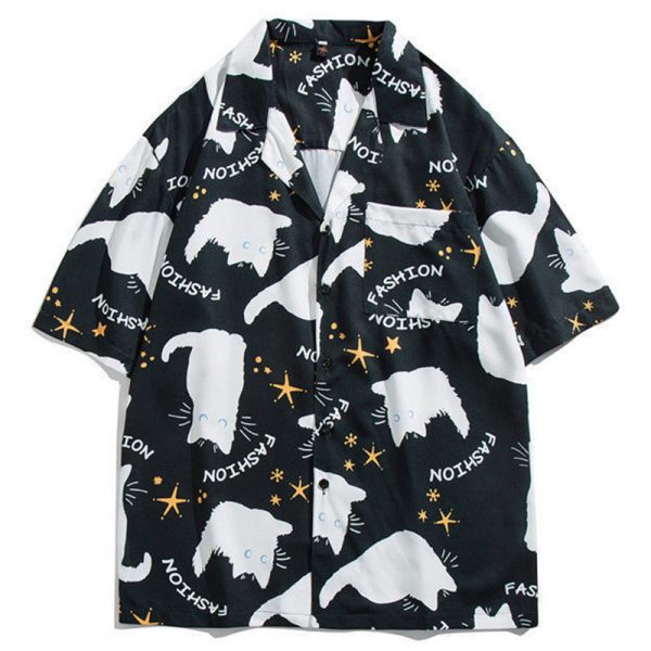 Vintage Cartoon Cat Letter Print Loose T-Shirt  - Modakawa modakawa